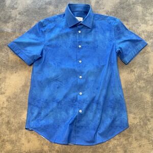 Bugatchi Shirt Men's Small 8-Way Stretch Blue Ocean Wave Short Sleeve Button Up